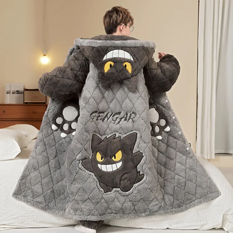 男士睡衣冬季珊瑚绒加厚加绒三层夹棉睡袍青少年卡通连帽棉服套装