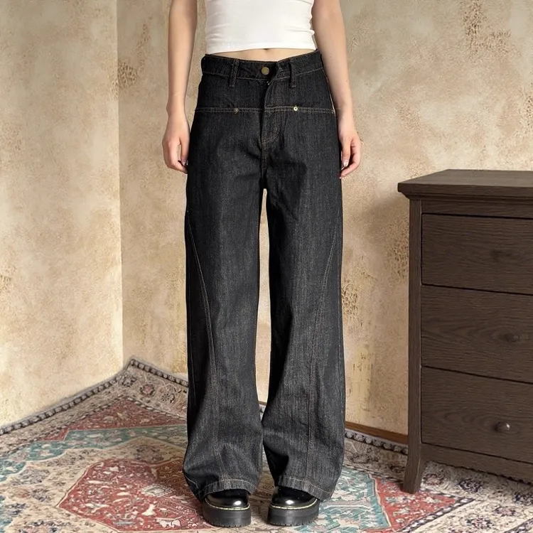 美式复古分割设计感牛仔裤女秋季2025年新款宽松显瘦拖地阔腿长裤