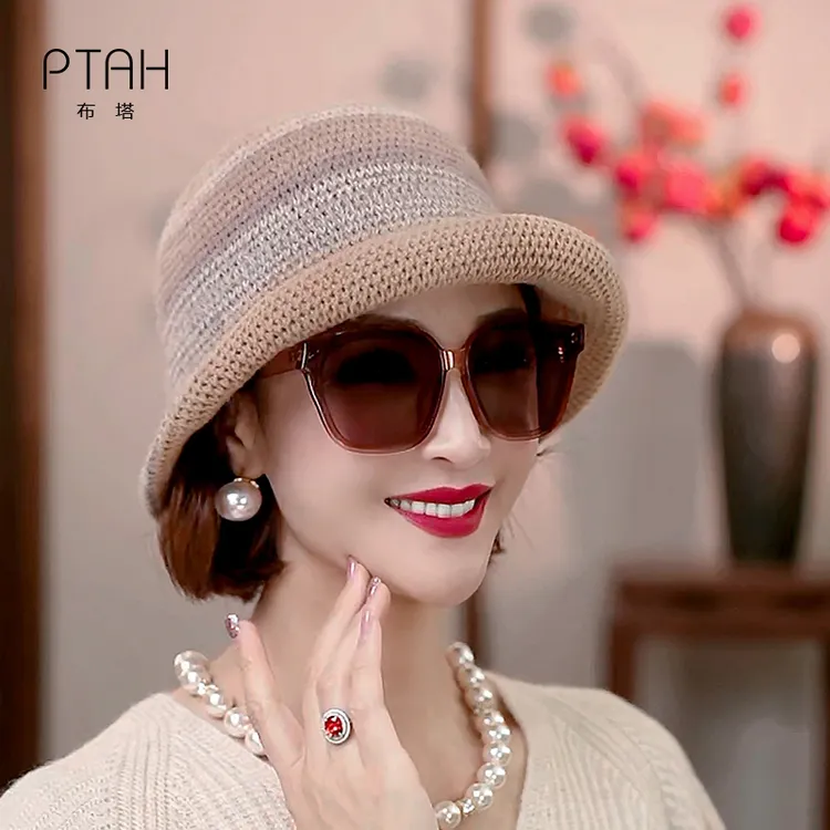 秋冬渔夫帽绵羊毛山羊绒盆帽加厚针织保暖韩版高级帽子女秋冬8053