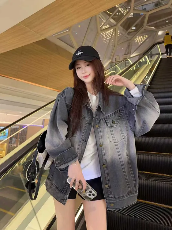 情侣款美式复古水洗黑灰渐变牛仔外套宽松潮流设计款2219