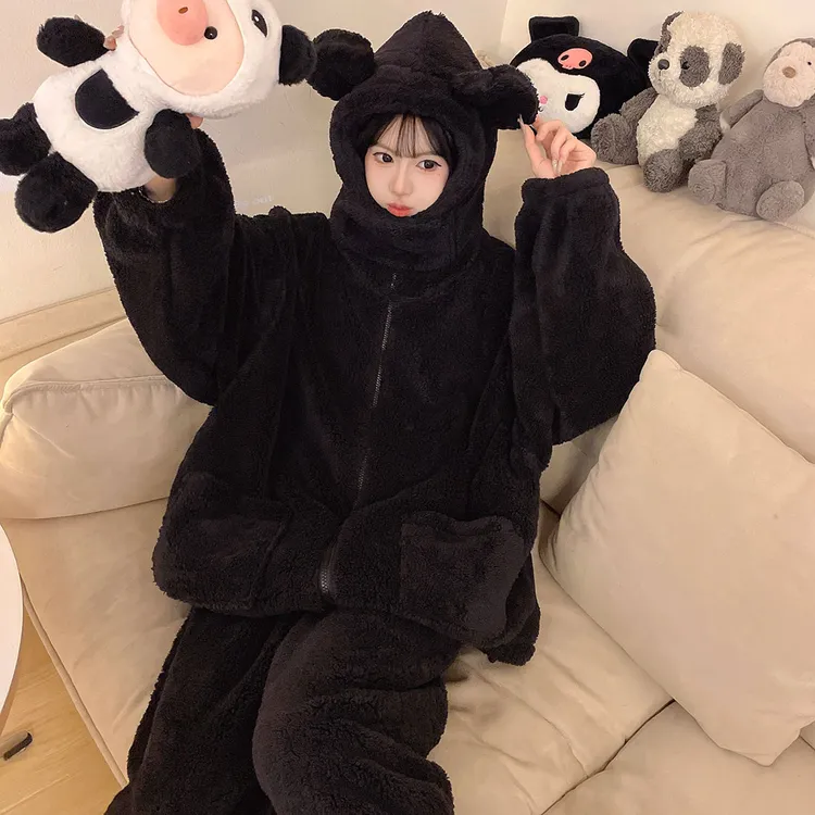 睡衣女秋冬季珊瑚绒加绒加厚2025新款黑色连帽可外穿法兰绒家居服
