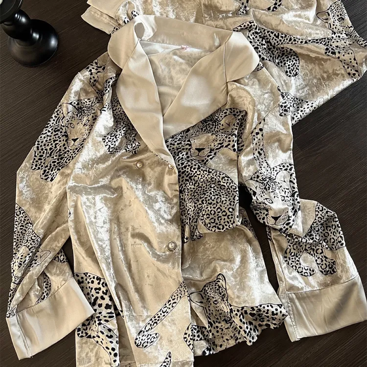 豹纹金丝绒睡衣女春秋冬高级感长袖长裤轻奢家居服可外穿宽松套装