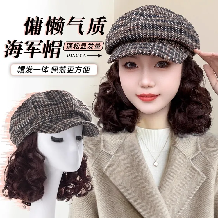 帽子假发一体女2025秋冬季千鸟格帽短卷发时尚保暖鸭舌帽假发帽子