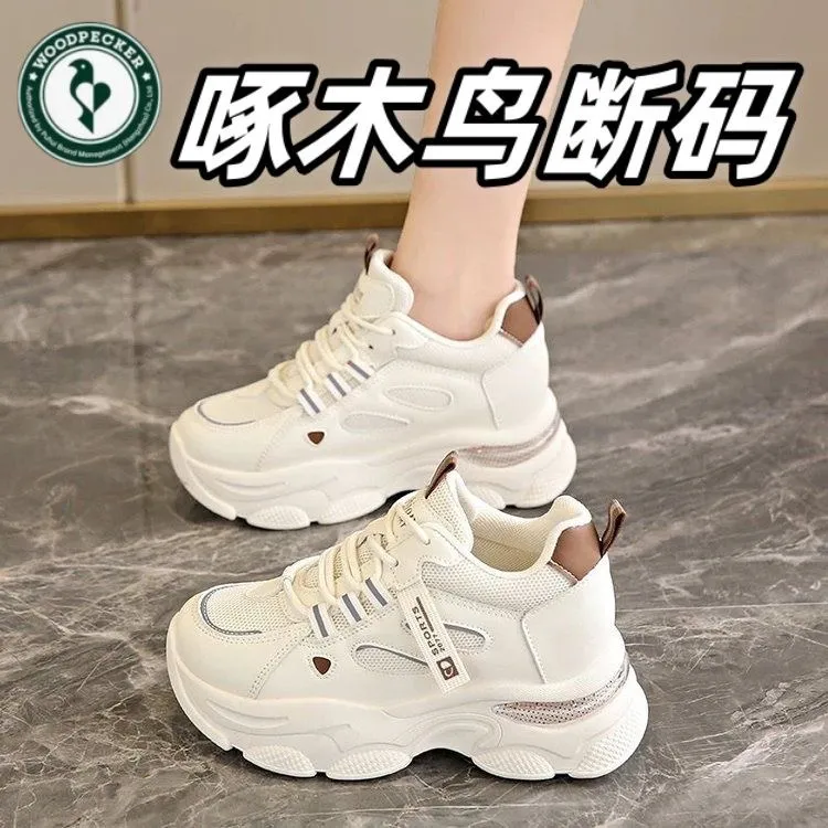 啄木鸟7公分内增高运动鞋女2025春季新款复古百搭厚底休闲老爹鞋