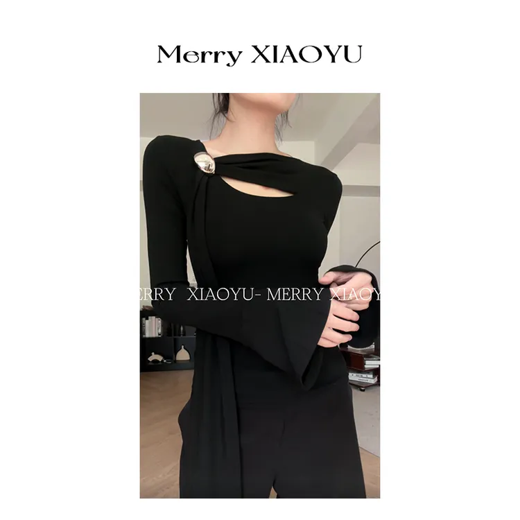 【小鱼】辣妹新款斜肩不规则飘带设计长袖显瘦百搭气质简约上衣