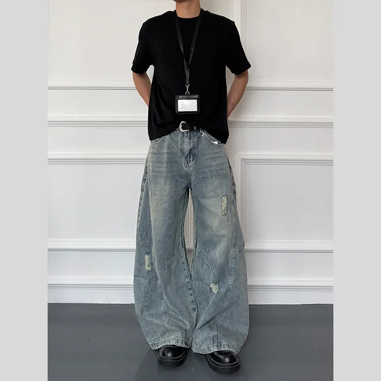 美式复古弯刀牛仔裤男女宽松破洞高级感裤子情侣弯刀裤潮