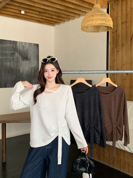 大码女装2025秋冬新款通勤风收腰宽松显瘦胖MM长袖T恤上衣2306