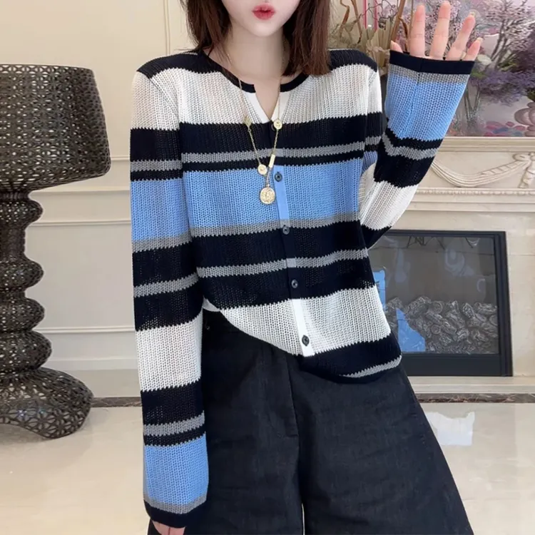 欧货时尚撞色条纹长袖针织衫女2025春秋新款百搭宽松显瘦打底上衣