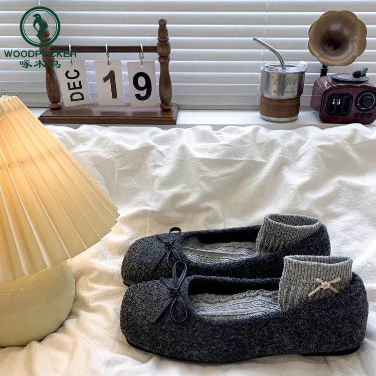 啄木鸟复古平底蝴蝶结单鞋女春秋季2025新款浅口法式毛毛玛丽珍鞋