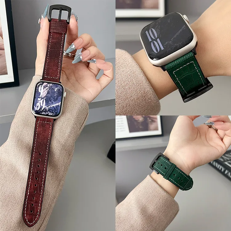 适用苹果手表AppleWatch竹节纹皮革表带iWatchs11SE/Ultra3商务风