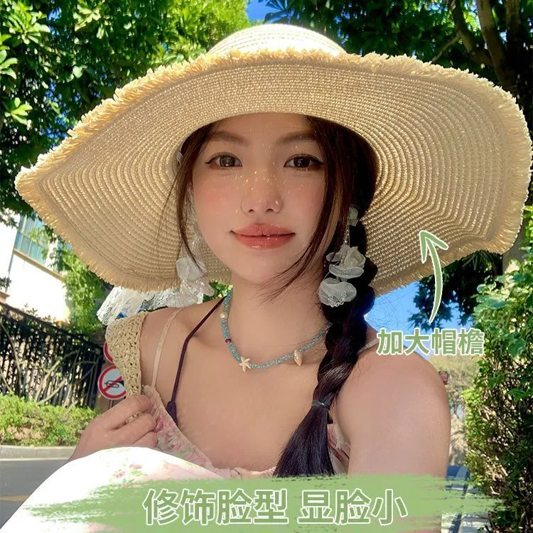 夏季帽子蕾丝蝴蝶结草帽海边度假防晒遮阳帽帽檐遮阳沙滩太阳帽