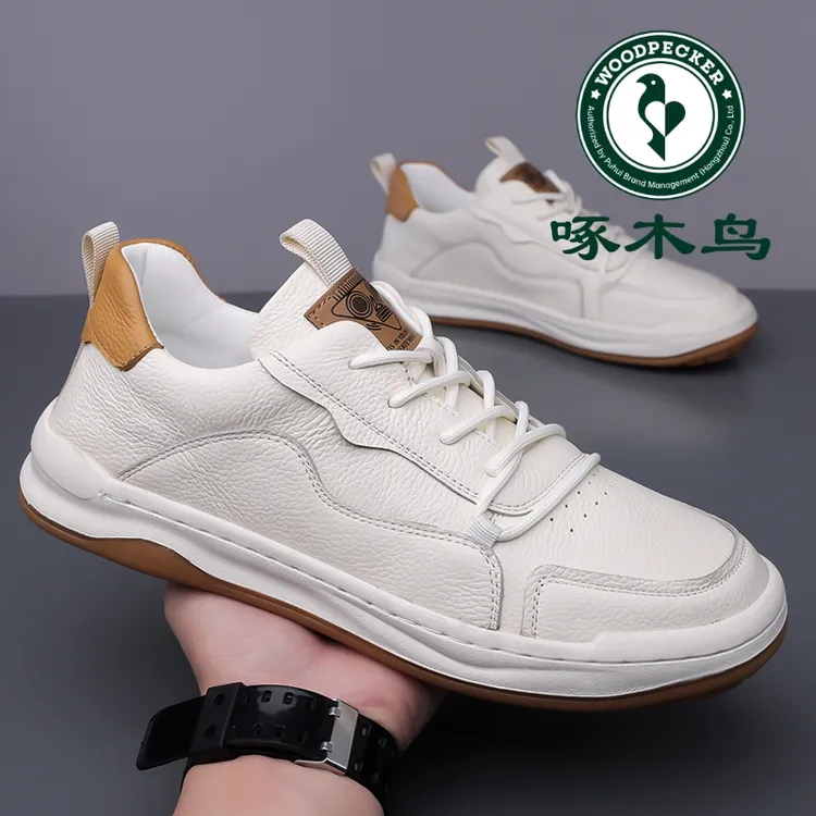 啄木鸟男鞋真皮春季头层牛皮透气软底潮流百搭男士防滑休闲板鞋男