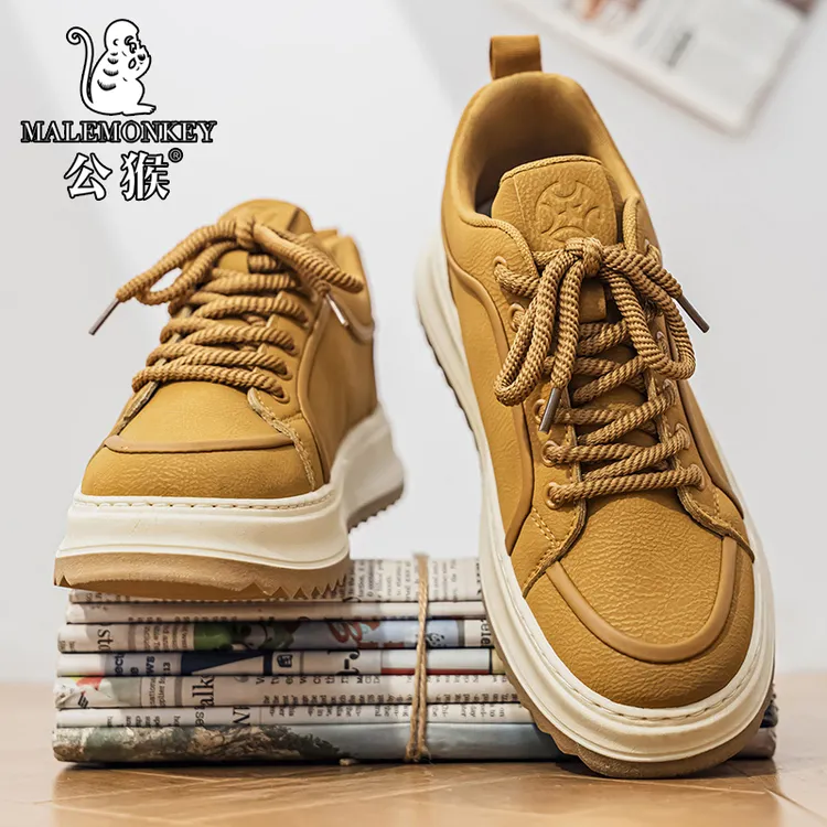 公猴男鞋冬季2025新款百搭休闲低帮板鞋防水皮面运动厚底增高潮鞋
