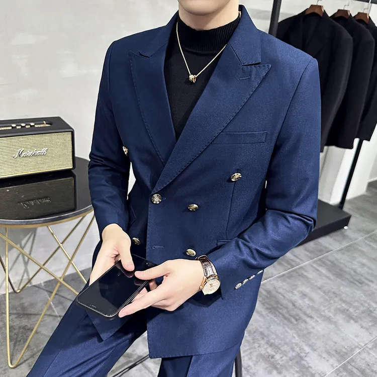 CATIA SELI高级感戗驳领西装两件套男士轻奢商务休闲双排扣西服