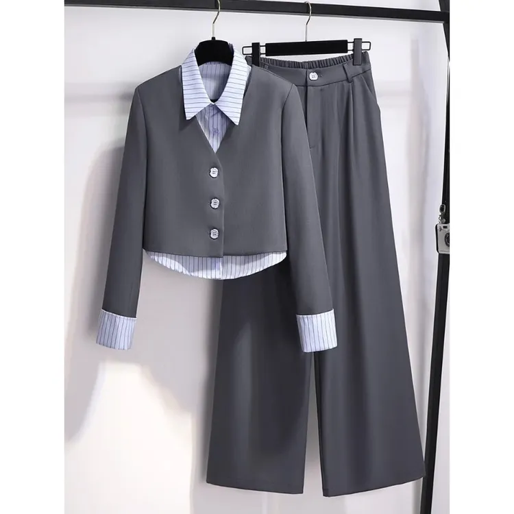 Y651#灰色套装女设计感小众高级感秋季气质名媛高端两件套裤装