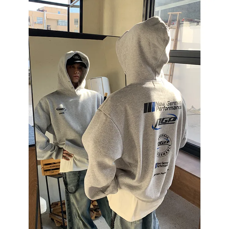 PLTH*冬季加绒保暖防风棉袄短宽版型后背印花日常通勤连帽卫衣男