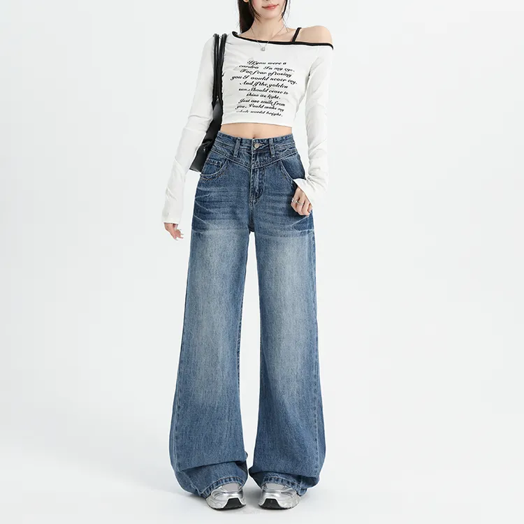 美式复古低腰ol阔腿牛仔裤高腰女2025秋季新款宽松显瘦垂感拖地裤