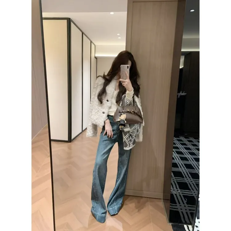 轻奢高级感气质休闲保暖纯色外套秋冬高腰垂感百搭阔腿长裤两件套