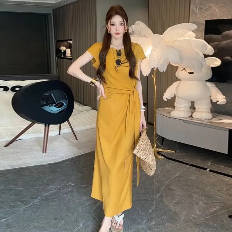 韩系气质中长款裙女2025夏季新款时尚洋气设计感收腰显瘦连衣裙潮