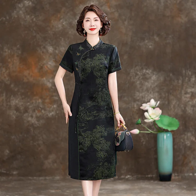 新中式香云纱改良旗袍连衣裙女2025新款立领复古妈妈桑蚕丝真丝裙