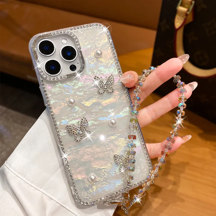 奢华闪钻贝壳纹适用苹果16promax手机壳女新款15高级感14带挂绳潮