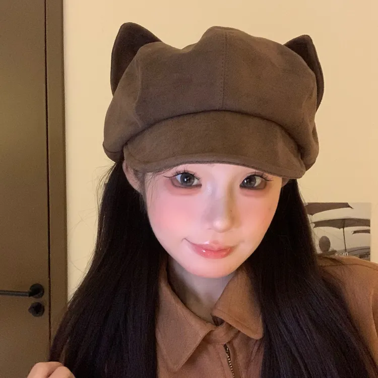 大头星球一帽六戴百搭可爱猫耳贝雷帽报童帽显脸小鸭舌帽女