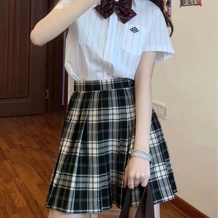 裙子短裙短袖水手服猫看花jk百搭夏季学生学院风格子高腰小个子