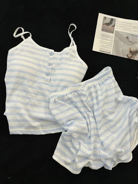韩版甜美撞色条纹带胸垫吊带睡衣女夏季新款短裤套装家居服可外穿