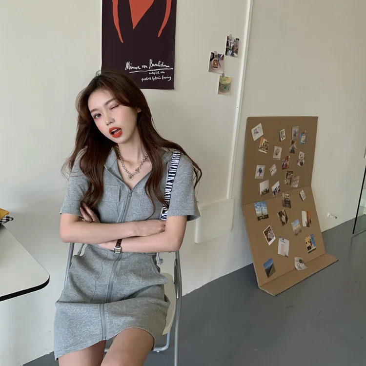 韩版减龄短袖连帽拉链连衣裙夏季休闲女夏装气质显瘦收腰中长款