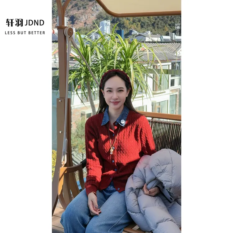 JDND轩羽【羊毛牛仔】100%羊毛拼接牛仔假两件针织毛衣开衫XY25754