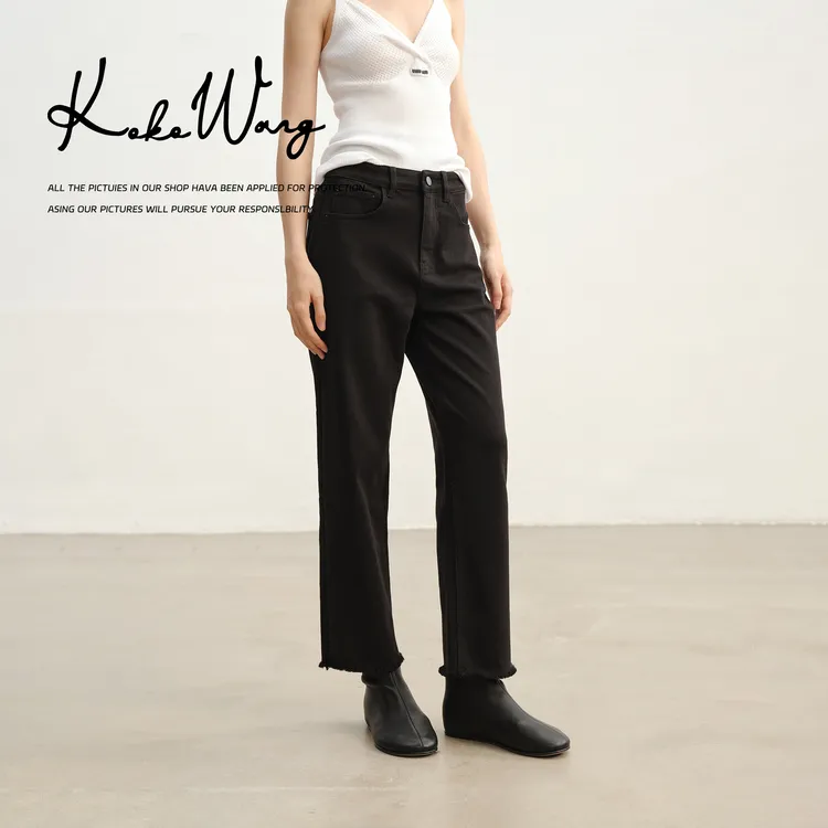 KOKO WANG秋冬流光风高弹显瘦百搭毛边小黑裤牛仔裤N0345H08K01