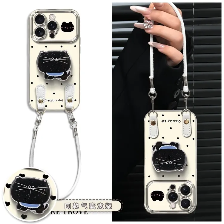 波点黑猫适用于苹果17/16简约个性大视窗手机壳华为oppovivo小米