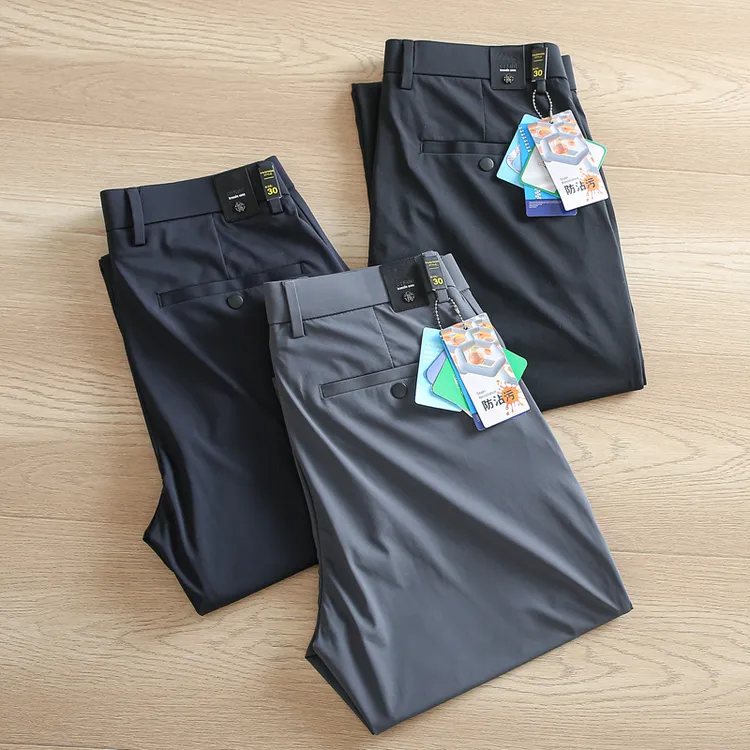 三防抗皱垂感高弹力撤柜凉感冰丝裤男款夏天薄款透气商务直筒长裤