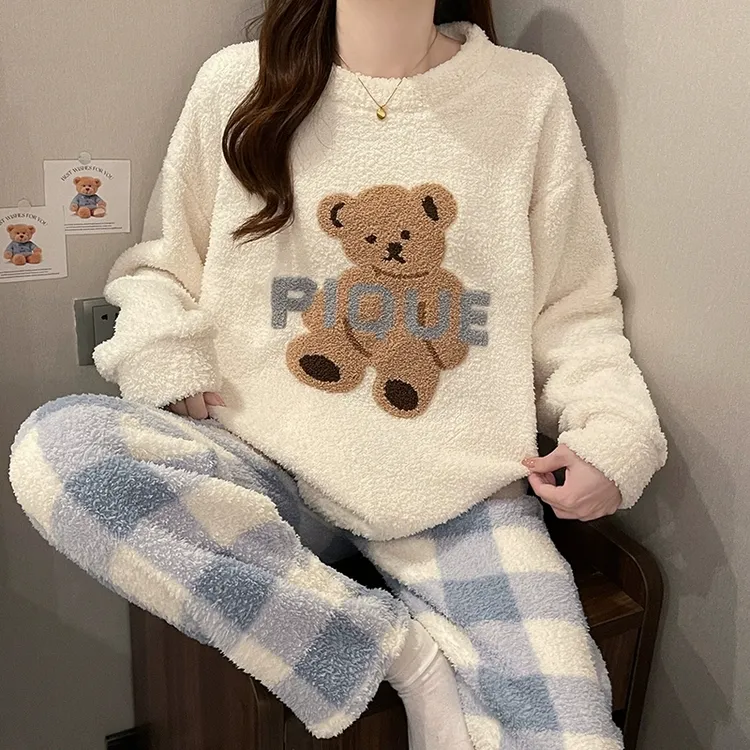 半边绒睡衣女款秋冬季2025新款珊瑚绒冬天加绒加厚毛绒家居服套装