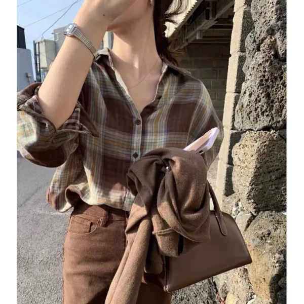 复古宽松百搭慵懒风长袖格子衬衫上衣2025秋新款宽松学院风衬衣女