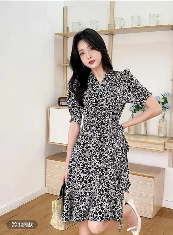 欧洲站夏季新款时尚百搭V领短袖系带围裹裙碎花连衣裙女显瘦法式