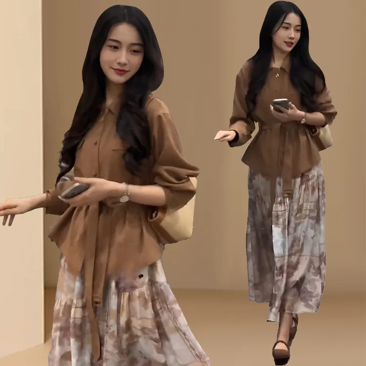 韩风时尚气质名媛收腰衬衫外套女装2025春季新款碎花半裙高级套装