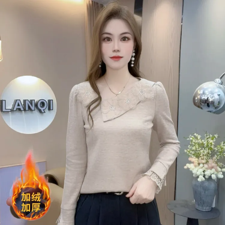 时尚加绒加厚打底衫女2025秋冬新款洋气蕾丝长袖百搭百搭保暖上衣