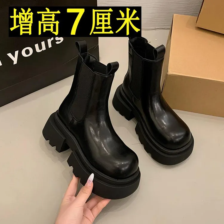 欧洲站厚底马丁靴女鞋2025秋季新款增高烟筒靴英伦风切尔西短靴女