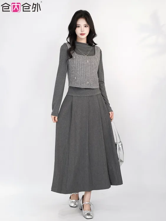 【NEW】高级时尚百搭显瘦秋季新款马甲+上衣+半身裙三件套