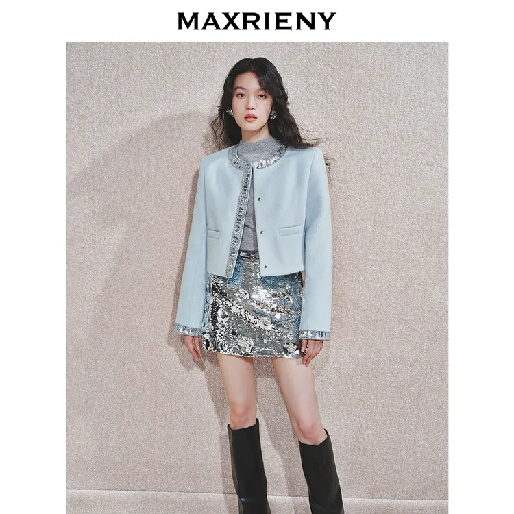 【商场同款】MAXRIENY精致优雅亮片饰边截短外套女2024冬季新款