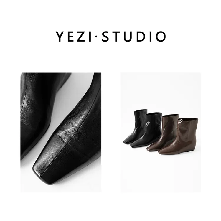 【慕尼黑夜】小羊皮轻松时髦法式方头真皮骑士中筒靴25349021