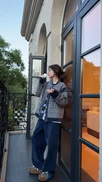 舟舟【羊毛彩格棉服】宽松秋冬长袖格子开衫中长款设计感潮流