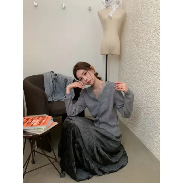 赵小小【白色恋人】H-99041 韩系简约纯色蕾丝蝴蝶显瘦针织开衫上衣