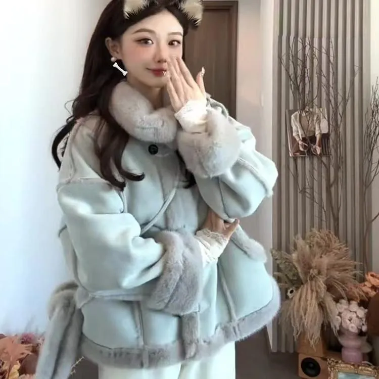 2025新款爆款皮毛一体麂皮绒环保貂毛女皮草宽松显瘦毛毛外套女冬