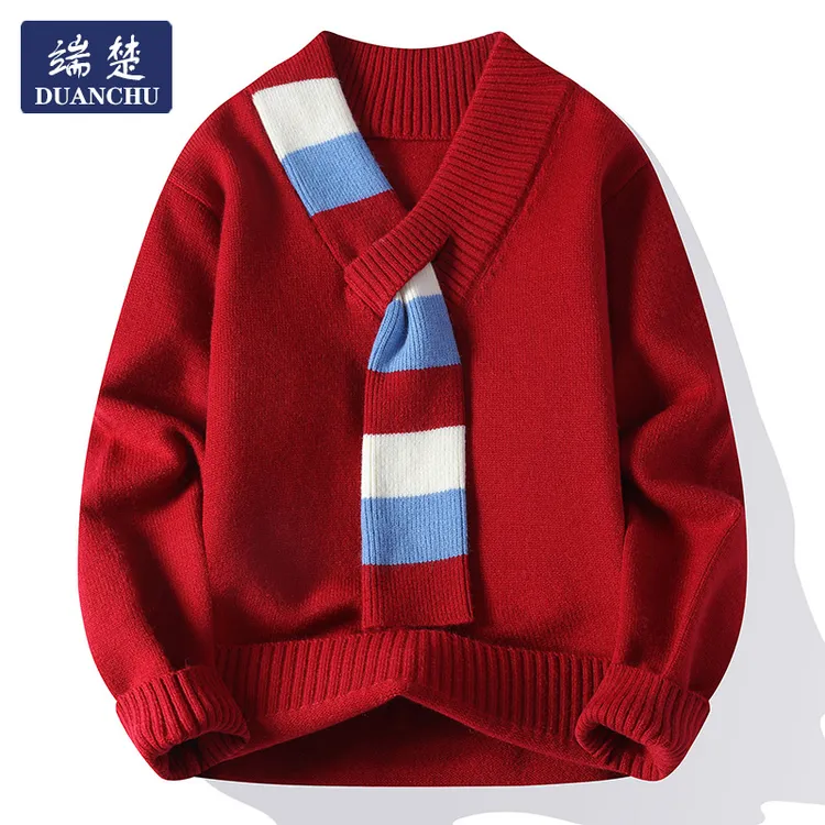 设计感围巾V领毛衣男秋冬季潮牌痞帅青少年学生加厚保暖红色线衣