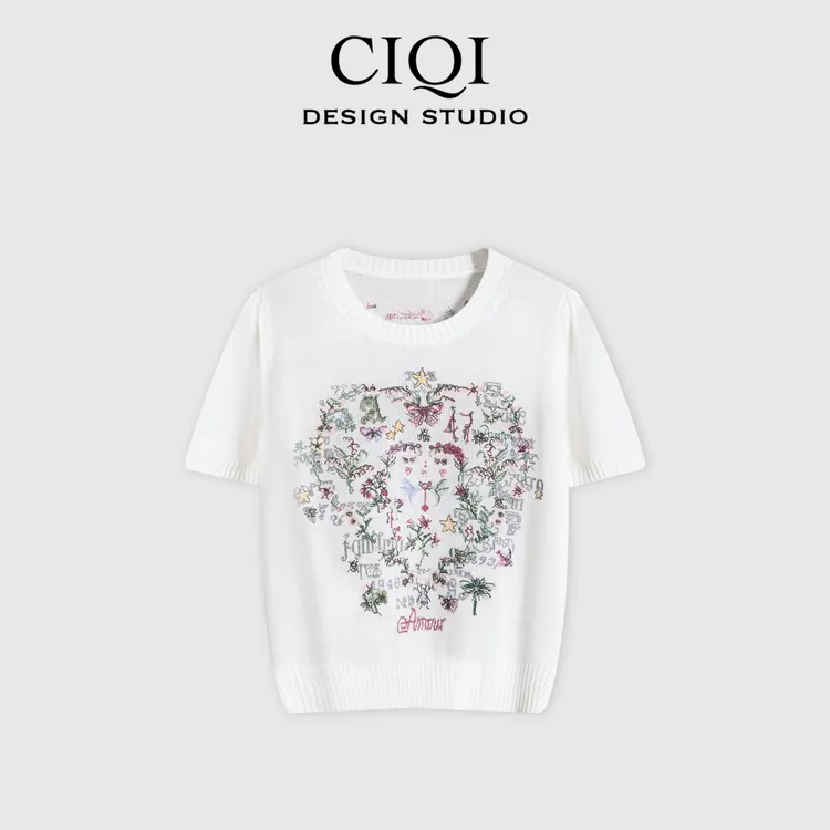 CIQI STUDIO【浮雕花丛】夏季圆领正肩蝴蝶刺绣舒适针织短袖DY25952