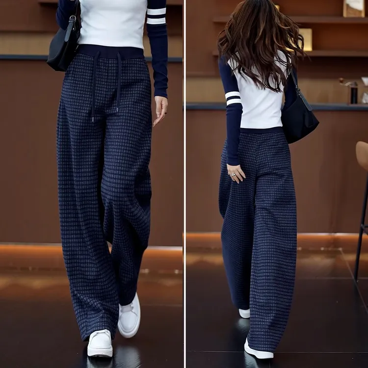 高腰筒裤秋冬款保暖加绒加厚印染休闲裤百搭外穿格子阔腿裤裤子