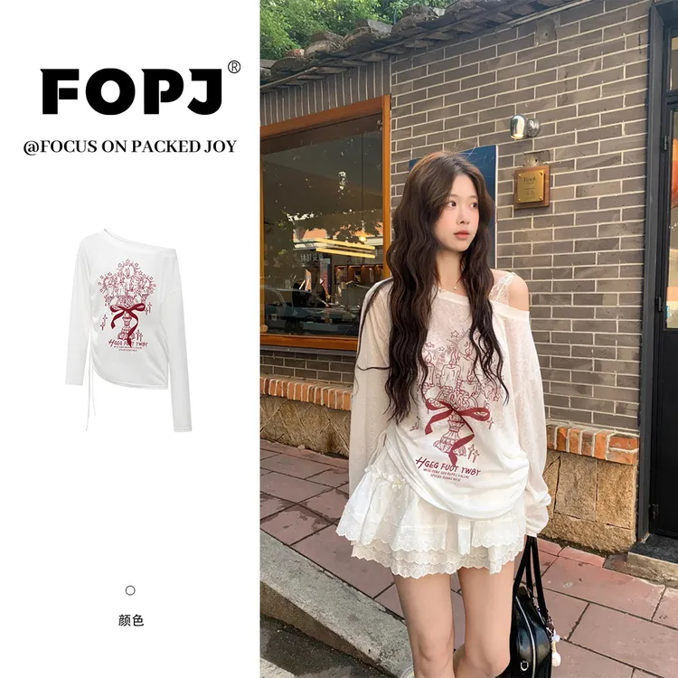FOPJ少女风斜肩长袖防晒罩衫夏季新款美式涂鸦印花宽松显瘦上衣女