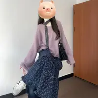 法式ins学院风懒紫色圆领套头毛衣女学生+碎花半身裙穿搭一整套装